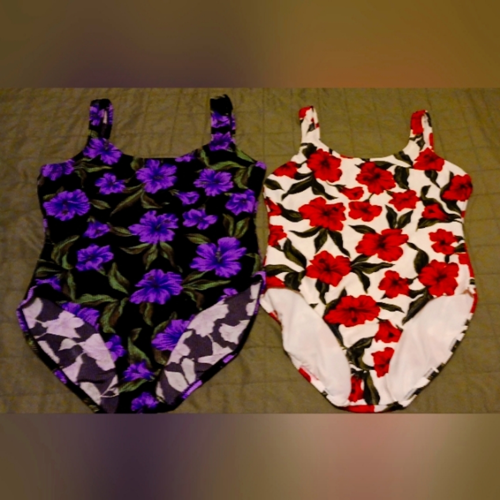 2 swimsuits 1 purple & black 1 red white